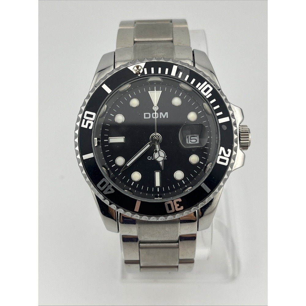 Dom Watch Men 40mm Case‎ Rotating Bezel Silver 7.5" Band- New Battery